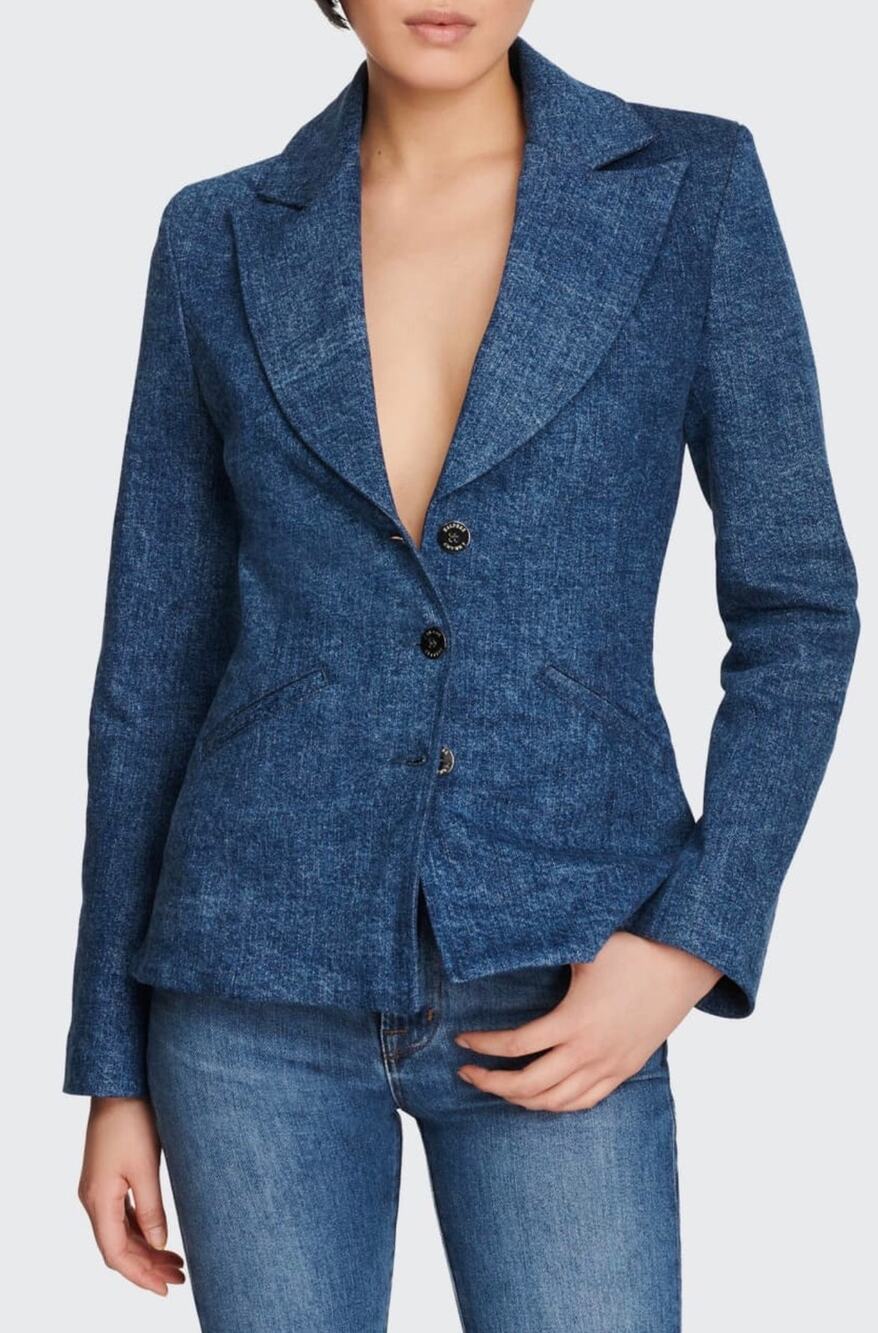 J Brand Denim Blazer Notched Lapel Button Closure Blue Denim